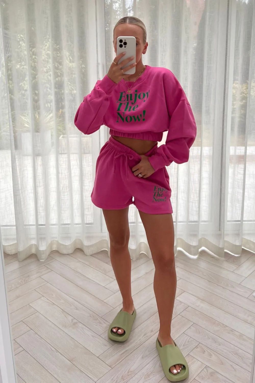 Enjoy the now pink & green cropped  short loungewear set - Image 2