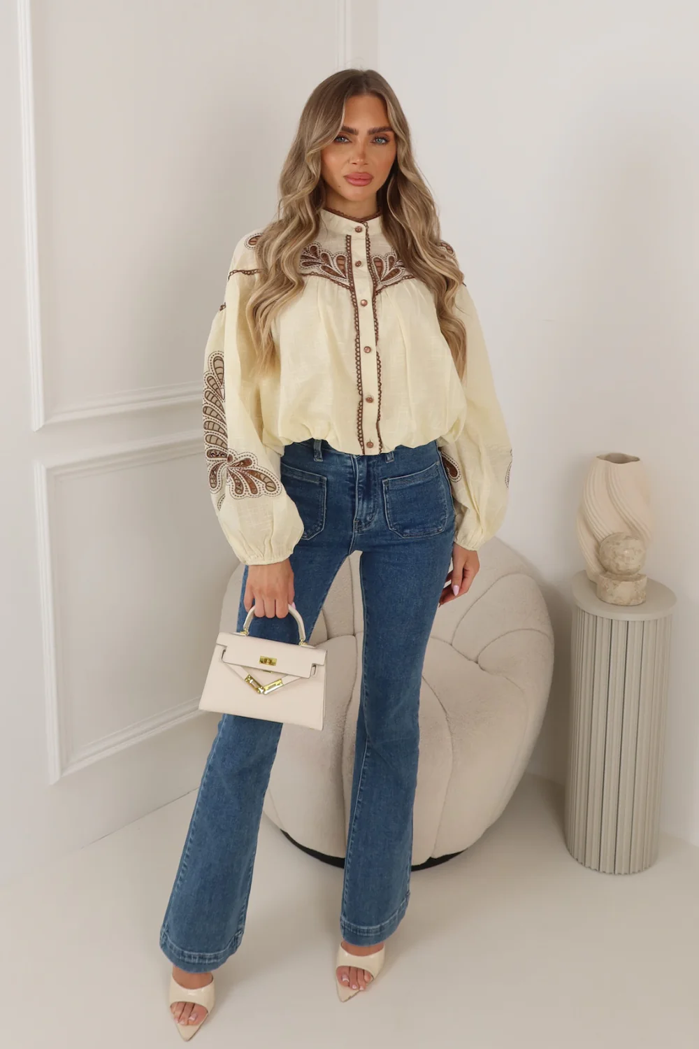 ERIN BEIGE PAISLEY PATTERNED BUTTON UP TOP - Image 2