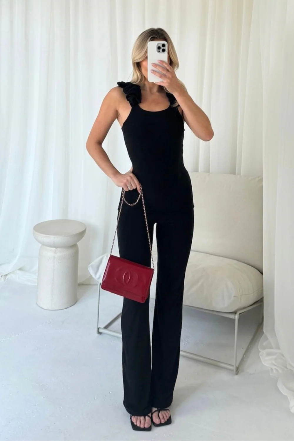 Esme black ruched strap vest and flared pants co-ord - Image 2