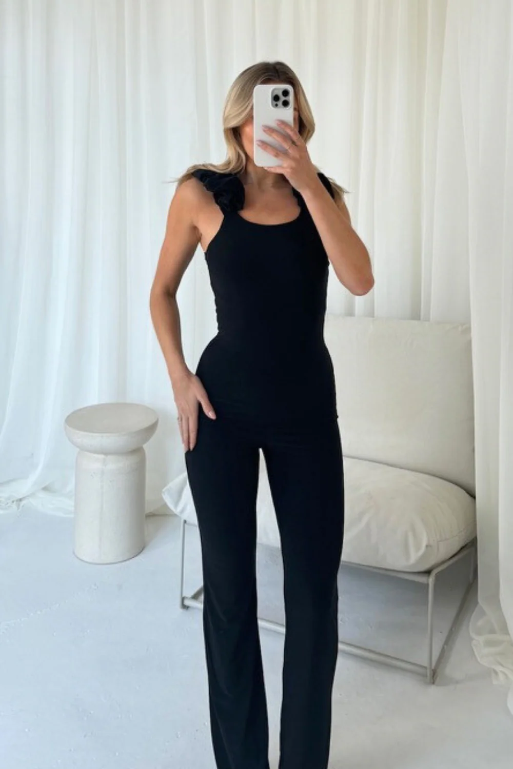 Esme black ruched strap vest and flared pants co-ord - Image 3