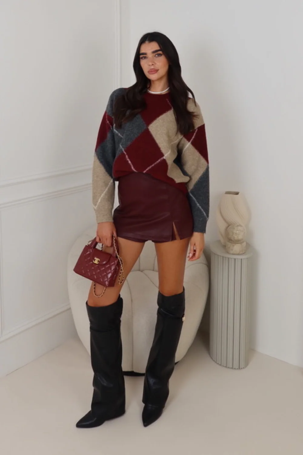 ESTA BURGUNDY CHECKED KNITTED JUMPER