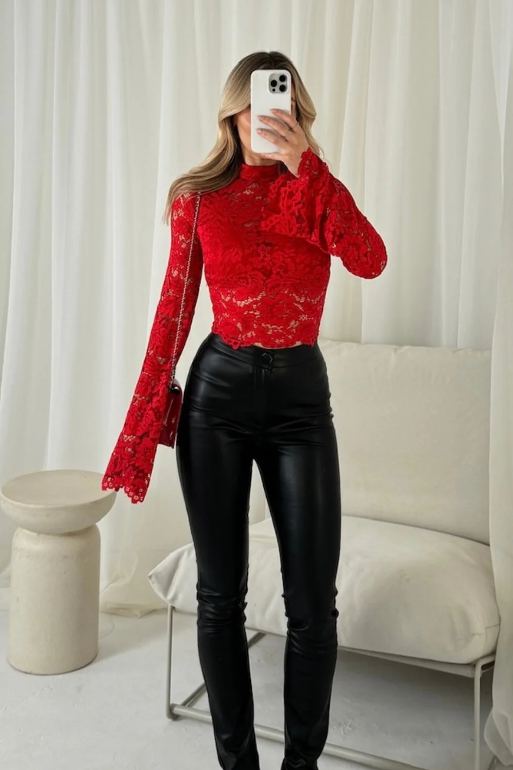 Estelle red lace flared sleeve crop top - Image 3