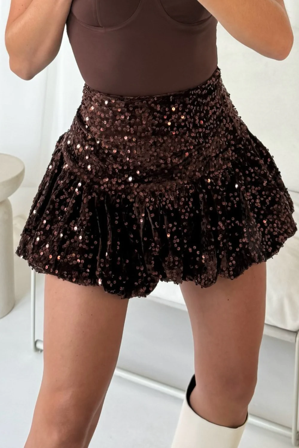 Evelyn chocolate sequin puffball mini skirt - Image 2