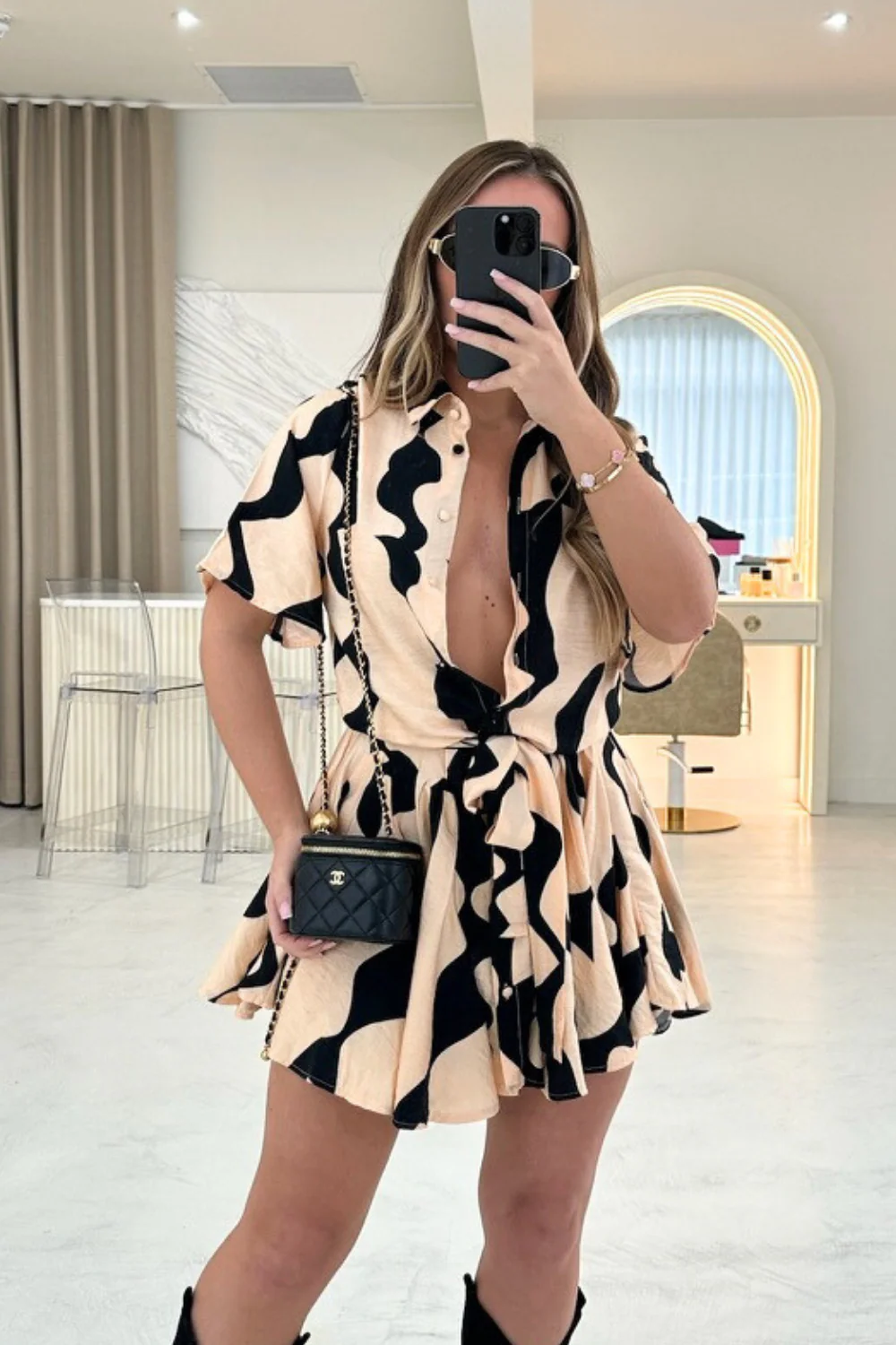 Eviee black patterned tie waist shirt dress - Image 3