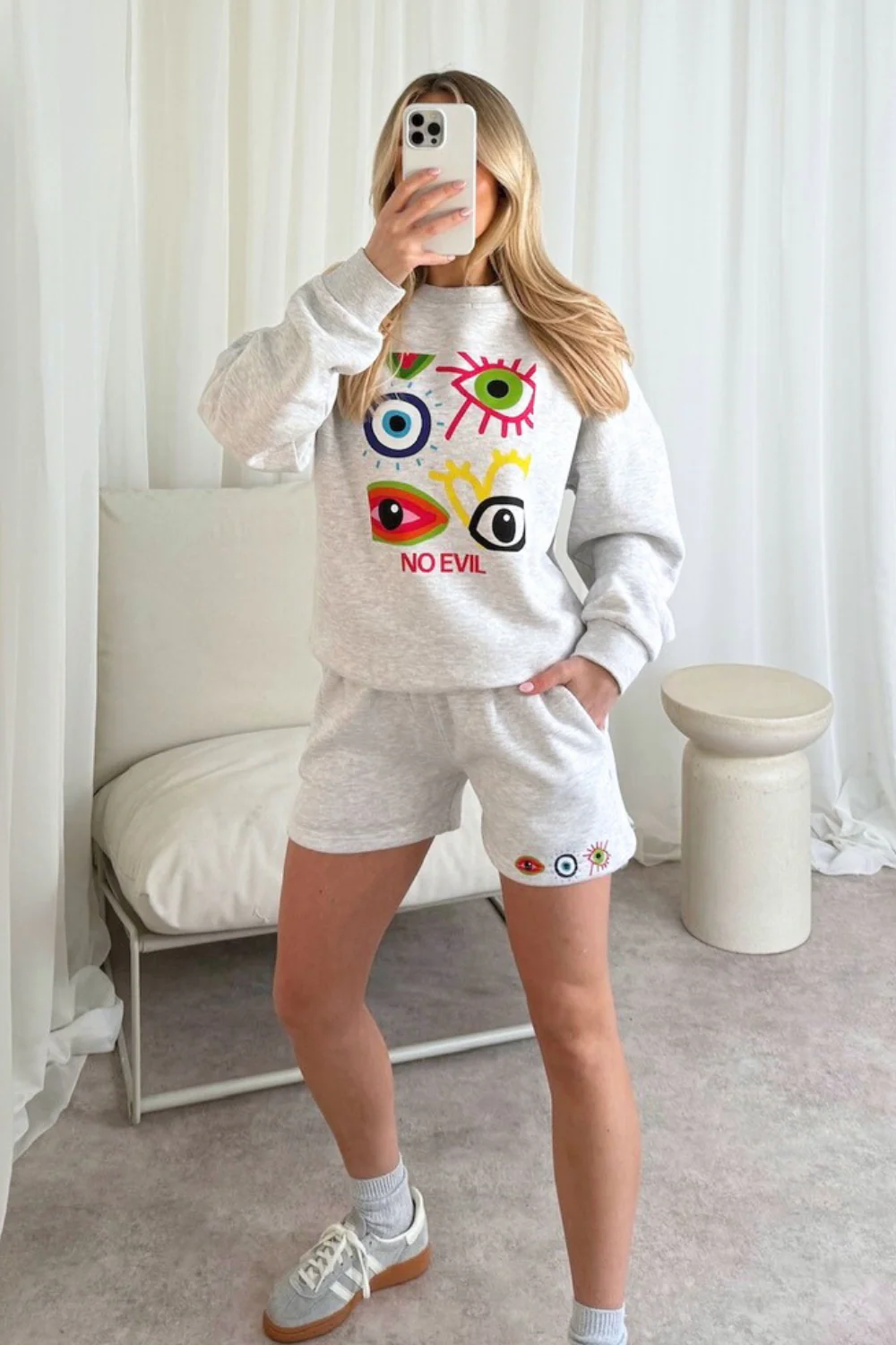 Evil eye marl grey printed sweater shorts loungewear - Image 2