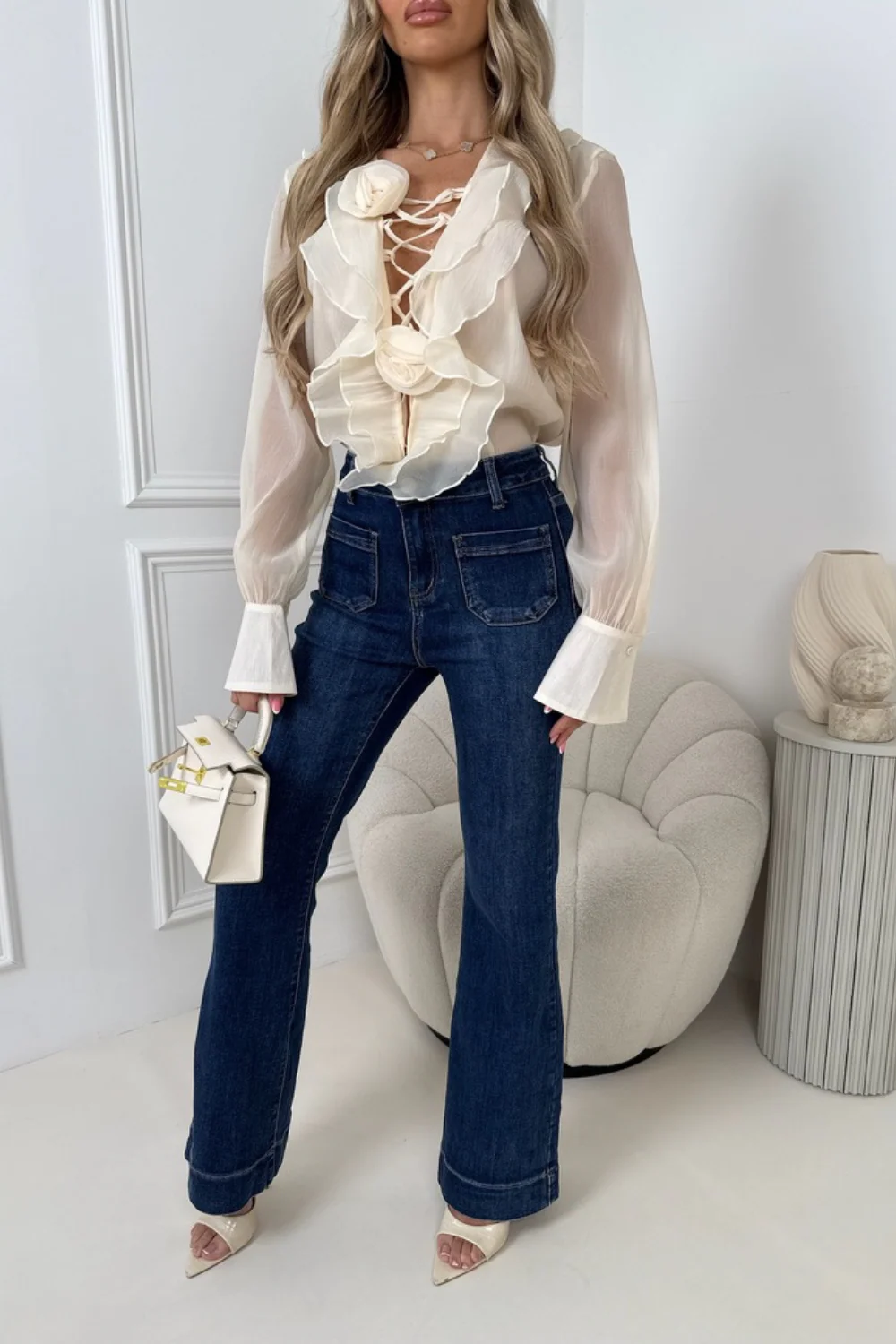 Fara blue pocket detail flared jeans - Image 4