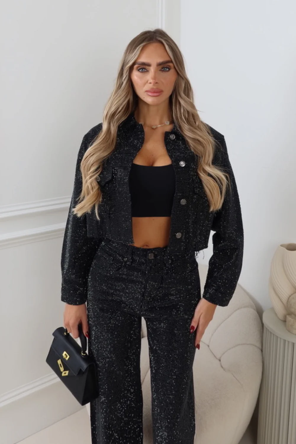 FAYE BLACK DIAMANTE CROPPED DENIM JACKET - Image 3