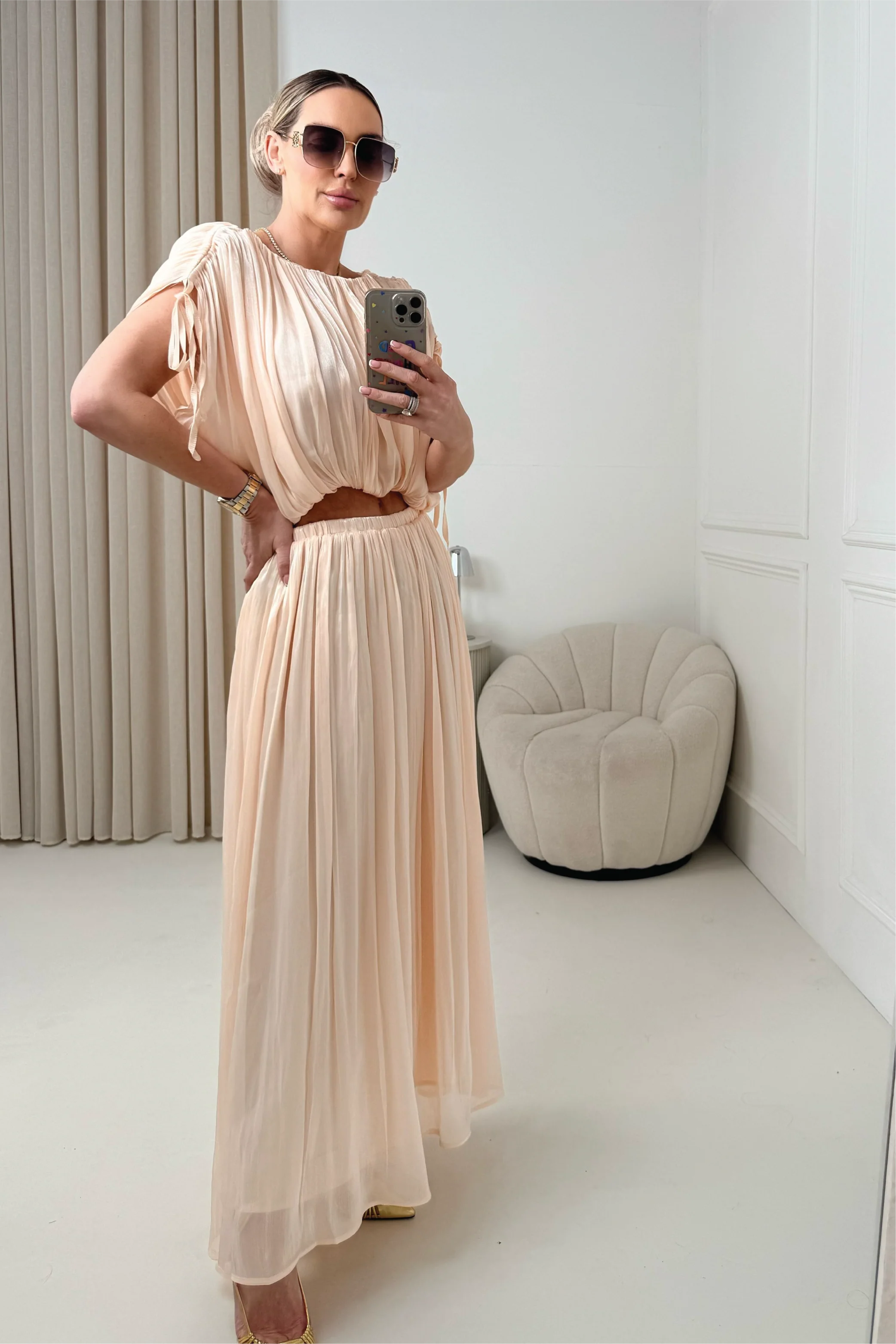 FERNE CHAMPAGNE SILKY MAXI SKIRT AND CROP TOP CO ORD TWO PIECE SET - Image 2