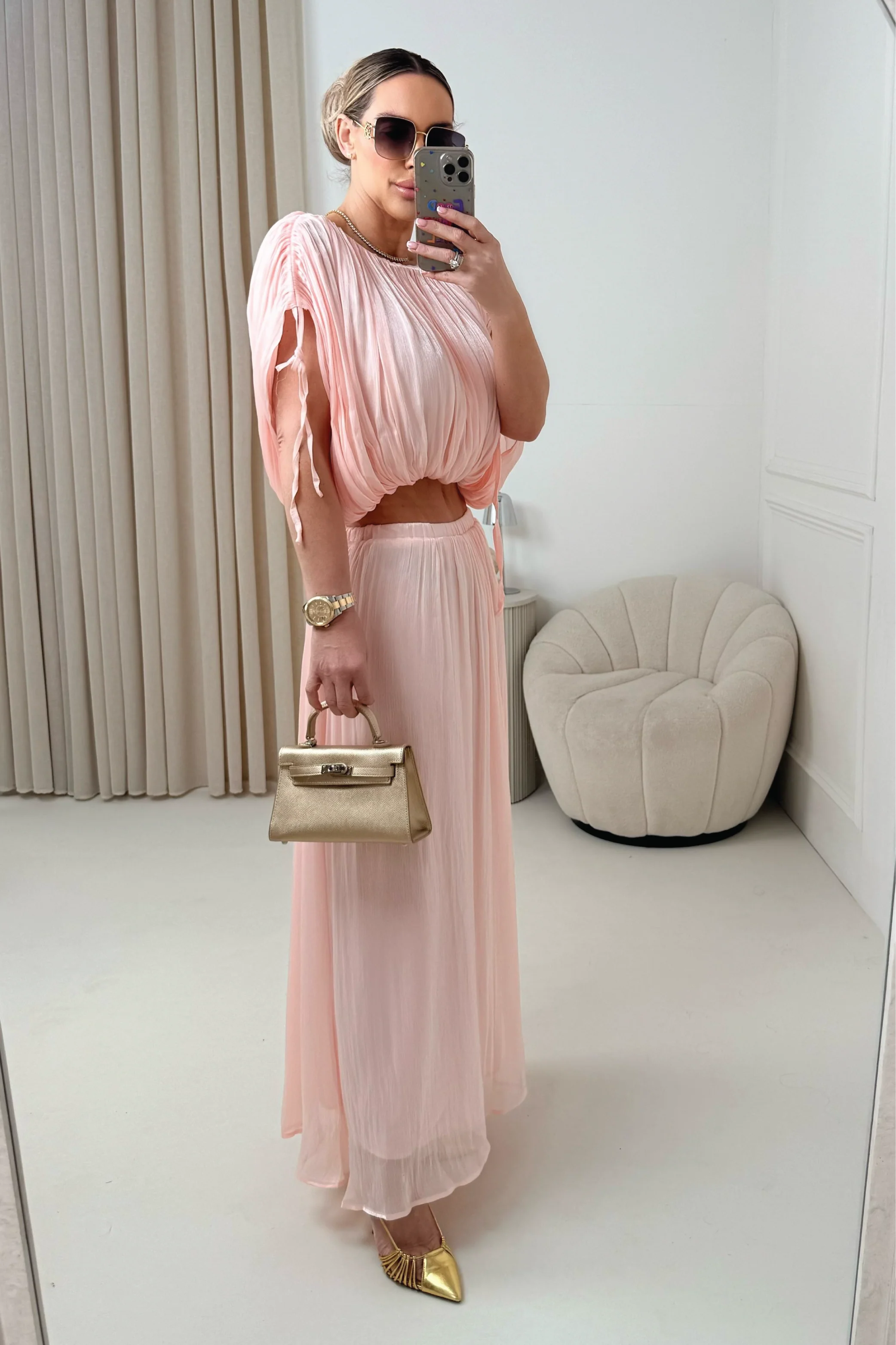 FERNE PINK SILKY MAXI SKIRT AND CROP TOP CO ORD TWO PIECE SET - Image 3