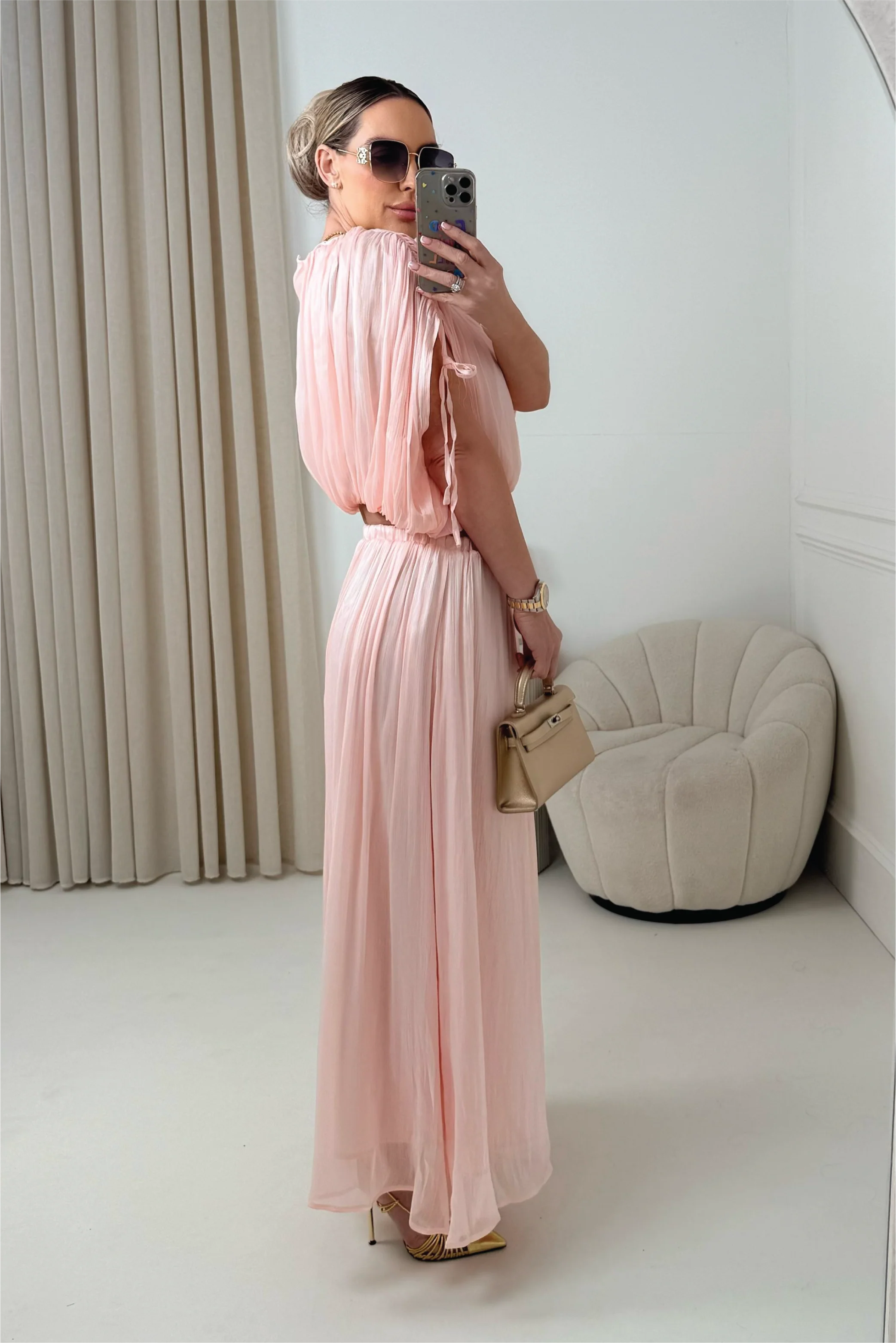 FERNE PINK SILKY MAXI SKIRT AND CROP TOP CO ORD TWO PIECE SET - Image 4