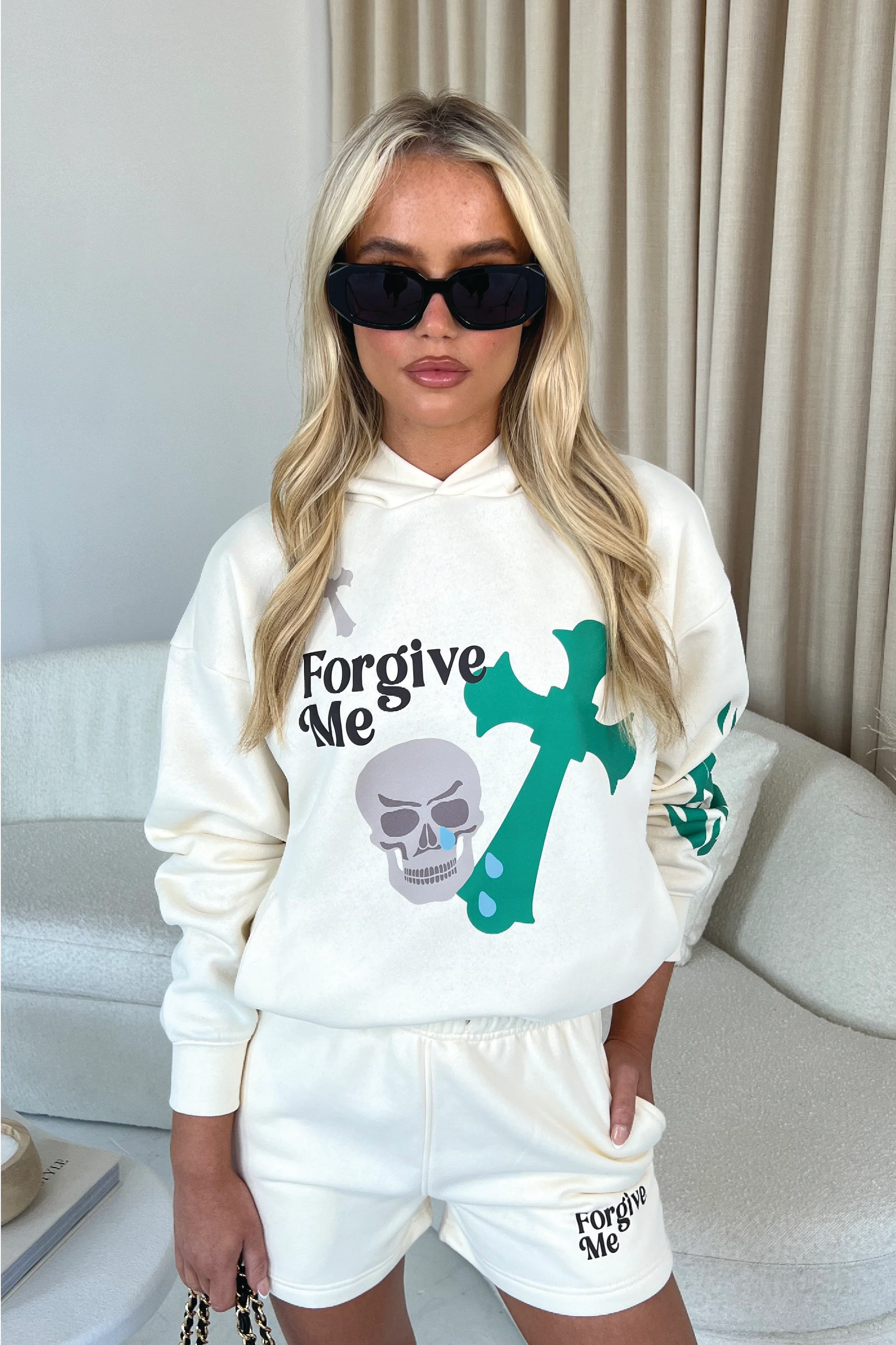 Forgive me ecru premium hooded short loungewear set - Image 2