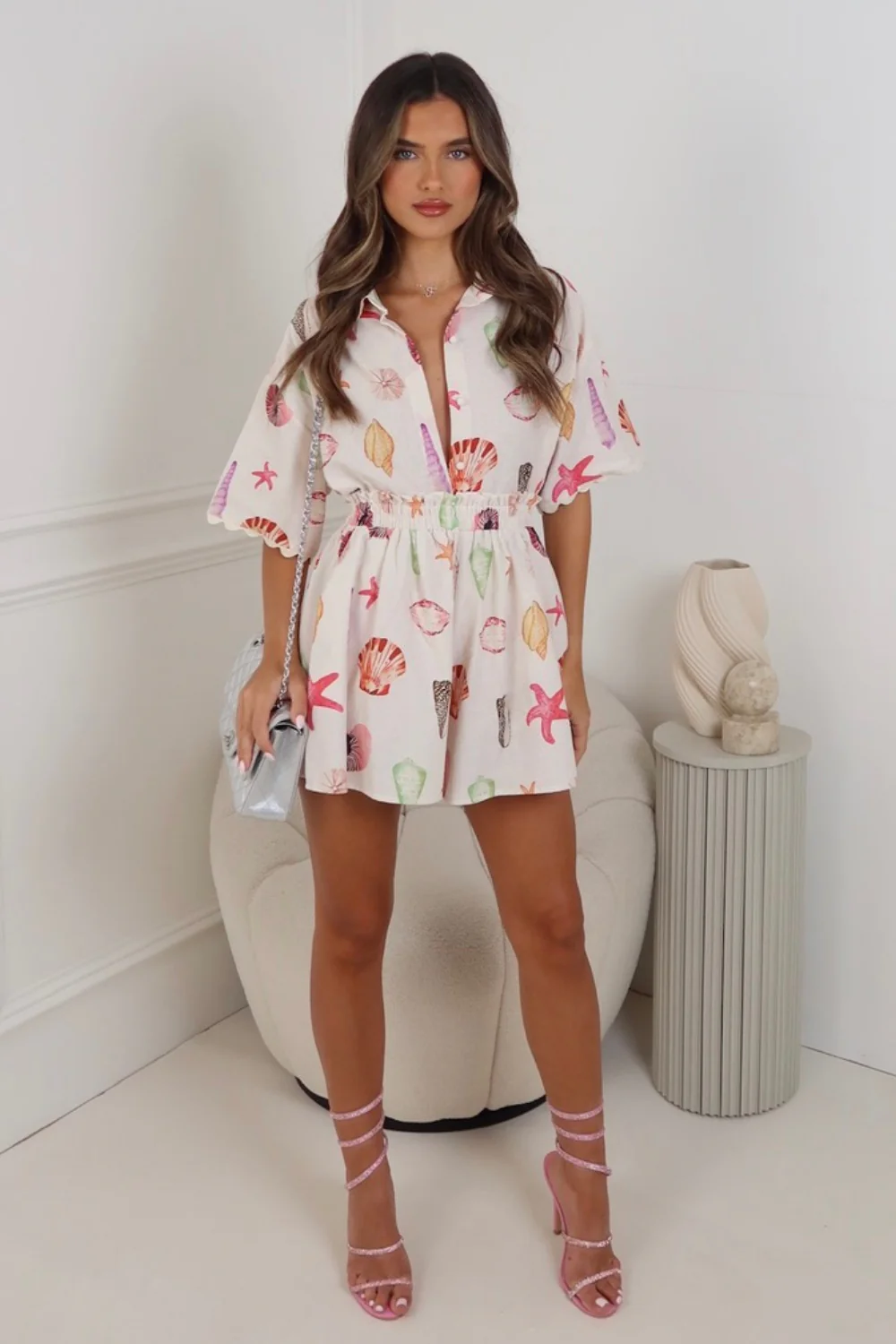 Fran white sea shell print linen shirt & shorts co ord - Image 2