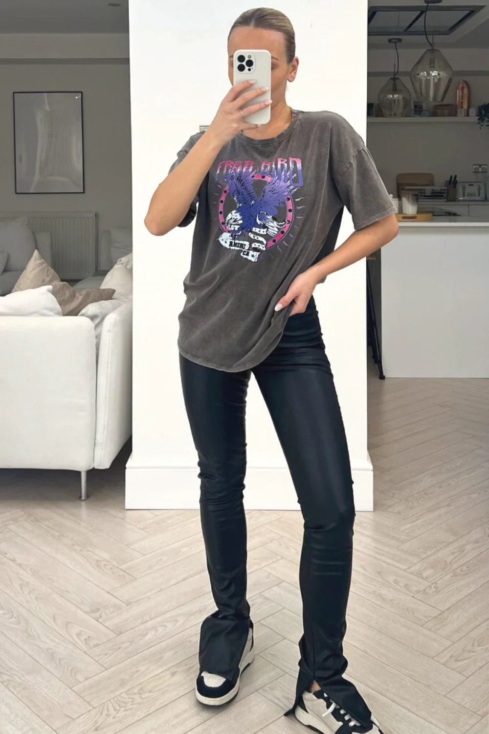 free bird grey & lilac acid wash printed tee - Image 2