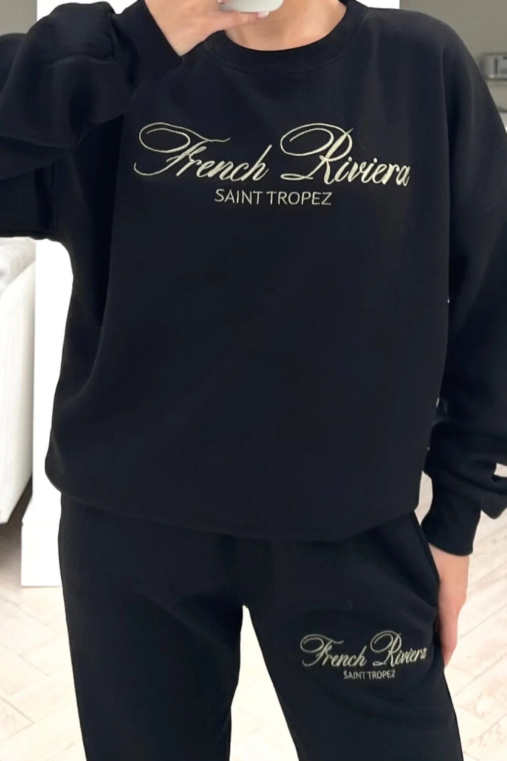 French Riviera black embroidered jogger sweater loungewear set - Image 3