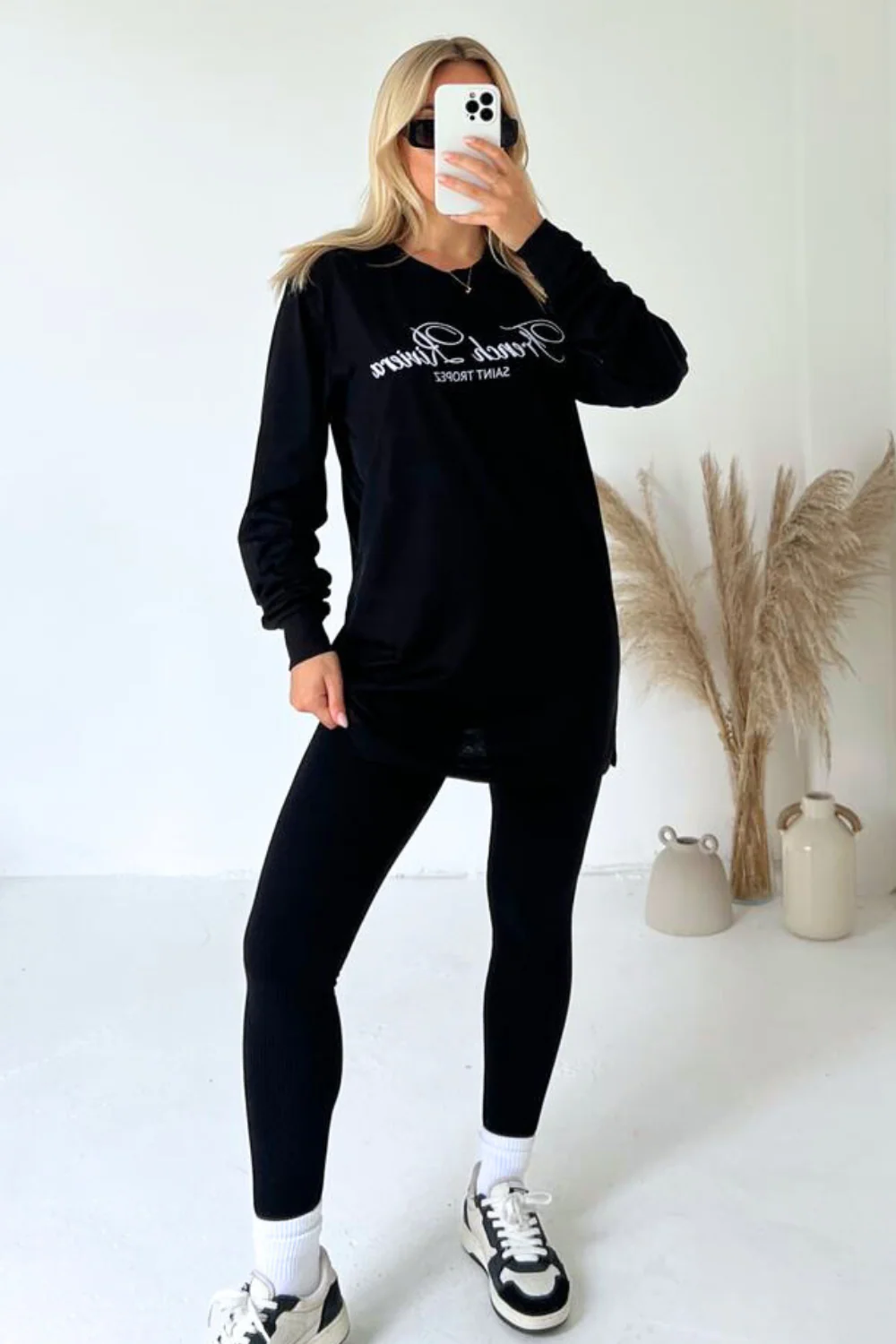 French Riviera black embroidered long sleeve t-shirt and leggings - Image 2