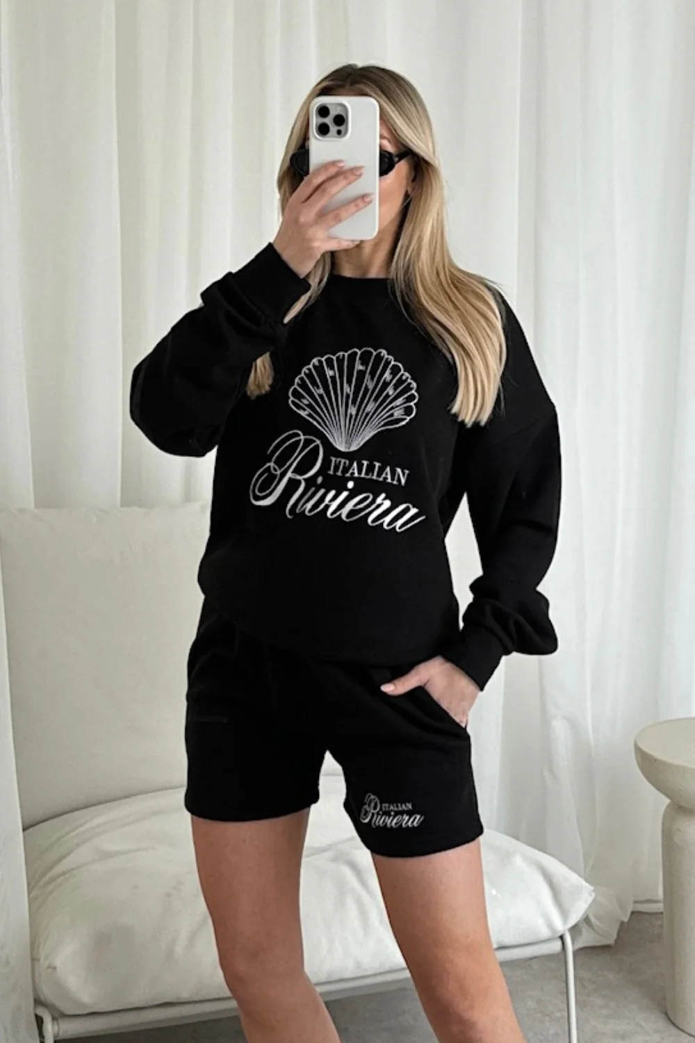 Italian Riviera black shell embroidered sweater shorts loungewear - Image 3