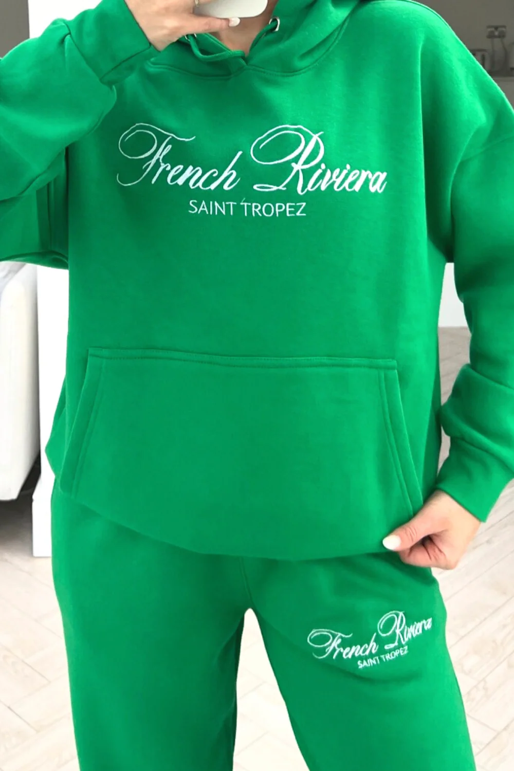 French Riviera bottle green embroidered hoodie loungewear set - Image 2