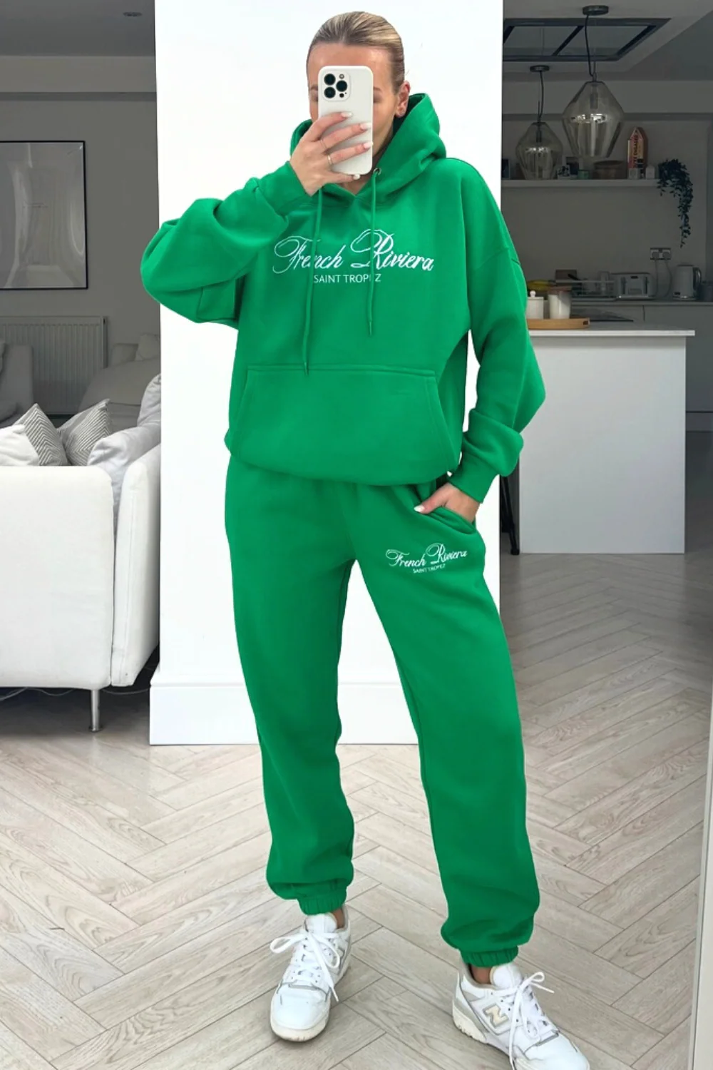 French Riviera bottle green embroidered hoodie loungewear set - Image 3