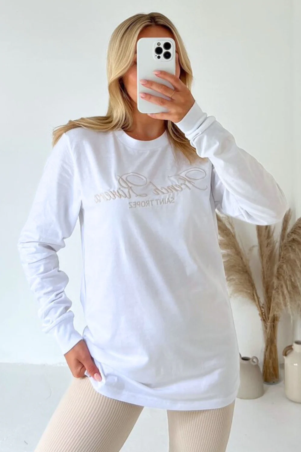 French Riviera cream embroidered long sleeve t-shirt and leggings - Image 2