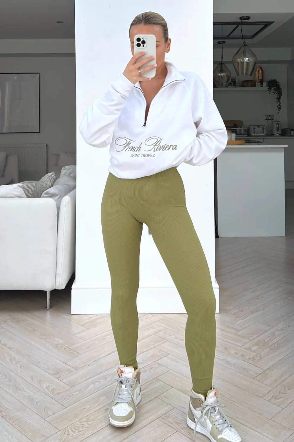 french riviera white & sage 1/4 zip & legging coord