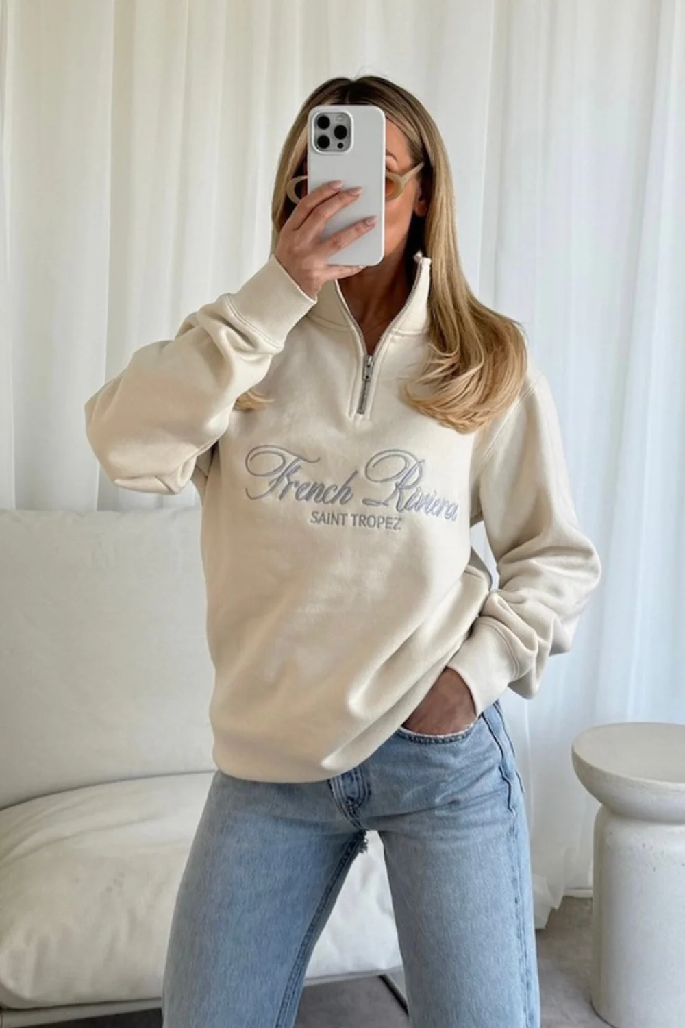 French Riviera ecru embroidered 3/4 sweater