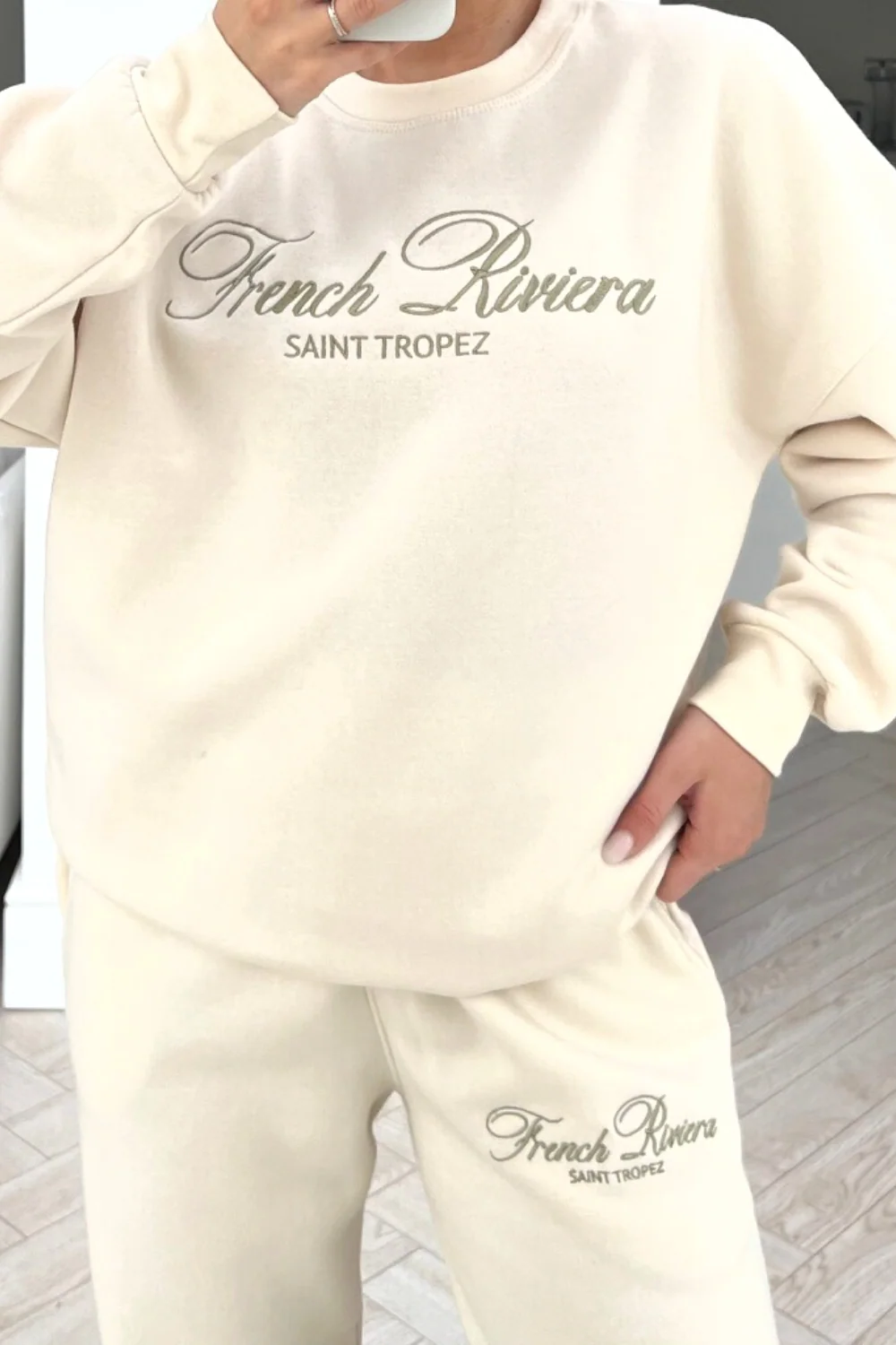 French Riviera ecru embroidered jogger sweater loungewear set - Image 3