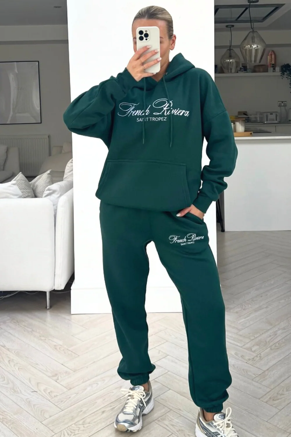French Riviera forest green embroidered hoodie loungewear set - Image 2