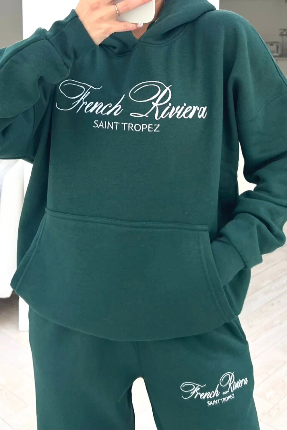 French Riviera forest green embroidered hoodie loungewear set - Image 3