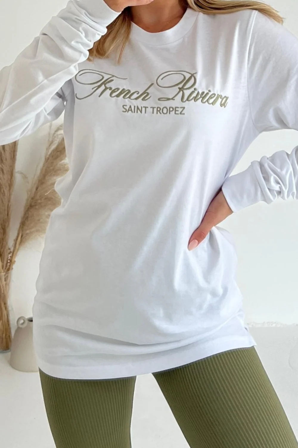 French Riviera khaki embroidered long sleeve t-shirt and leggings - Image 3
