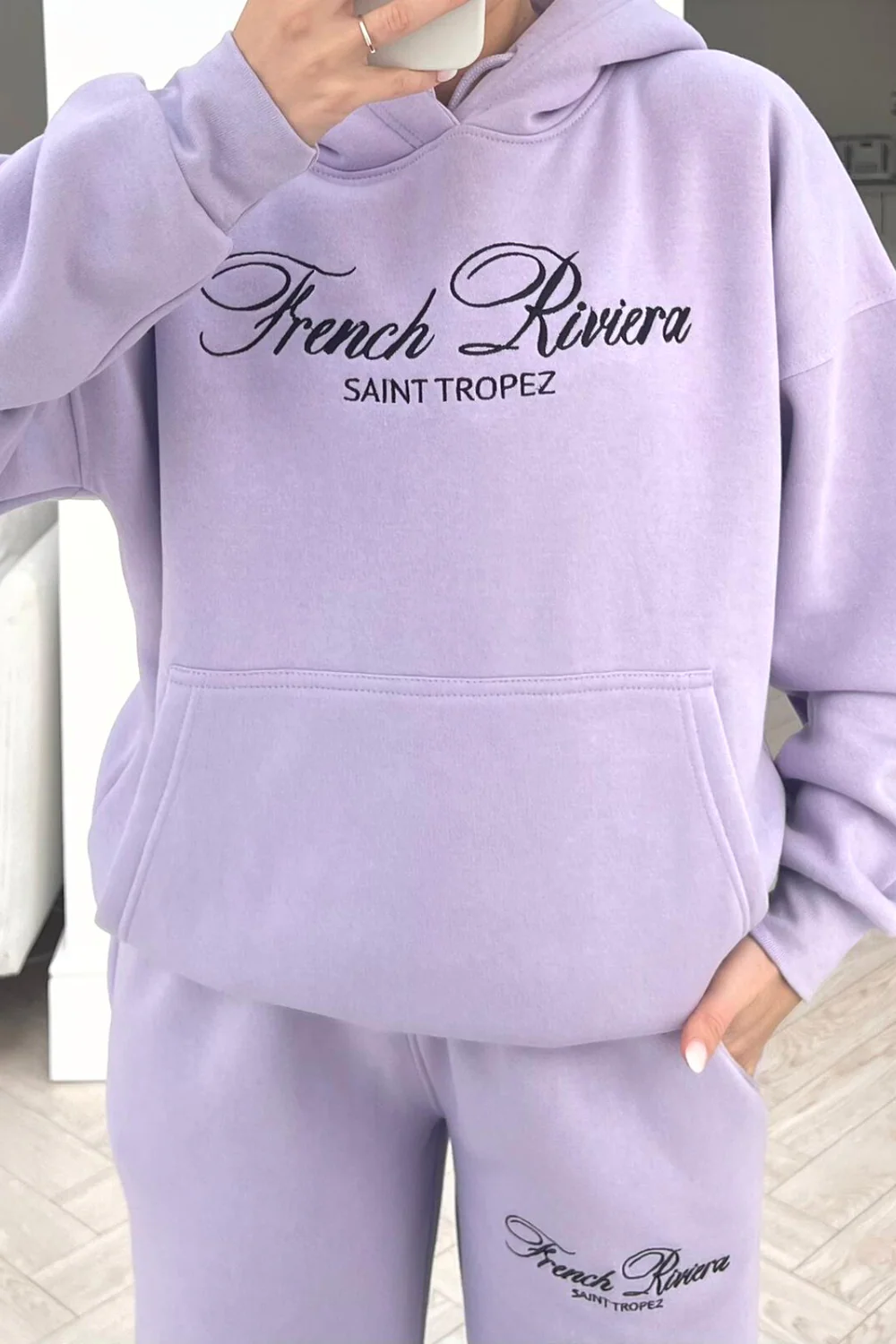 French Riviera lilac embroidered hoodie loungewear set - Image 3