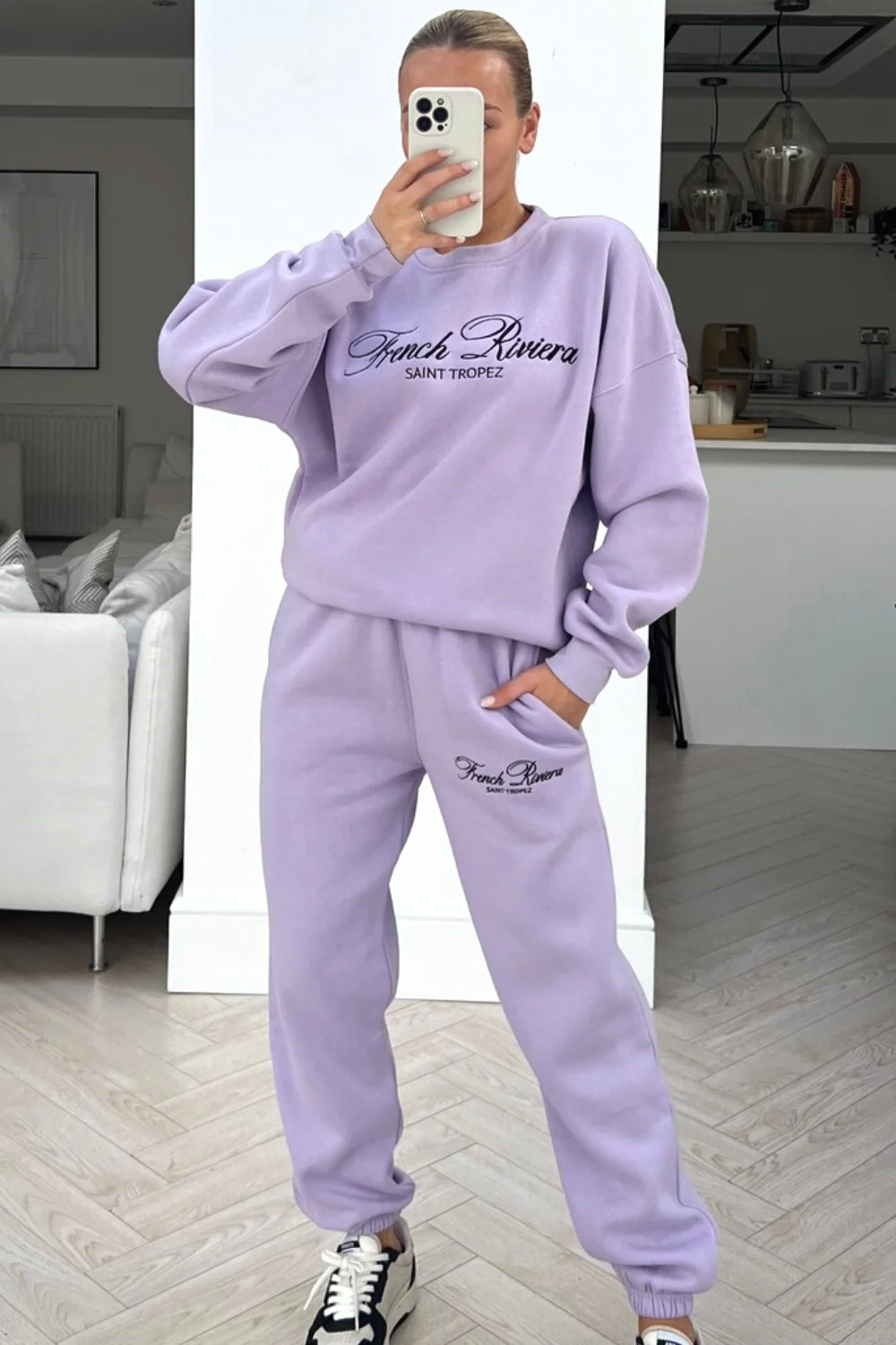 French Riviera Lilac embroidered jogger sweater loungewear set - Image 2