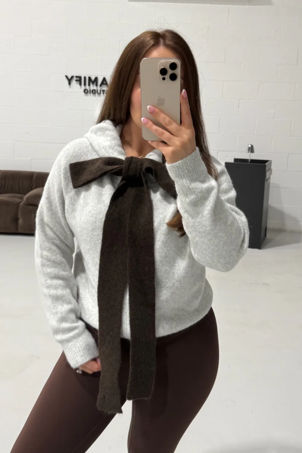 FREYA MARL GREY KNITTED NECK TIE HOODIE - Image 4