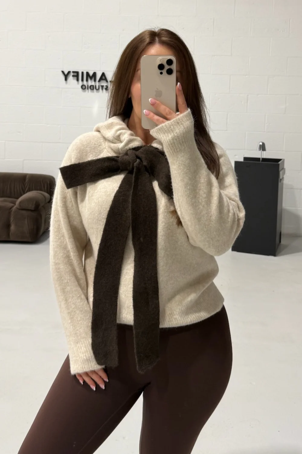 FREYA MOCHA  KNITTED NECK TIE HOODIE - Image 3