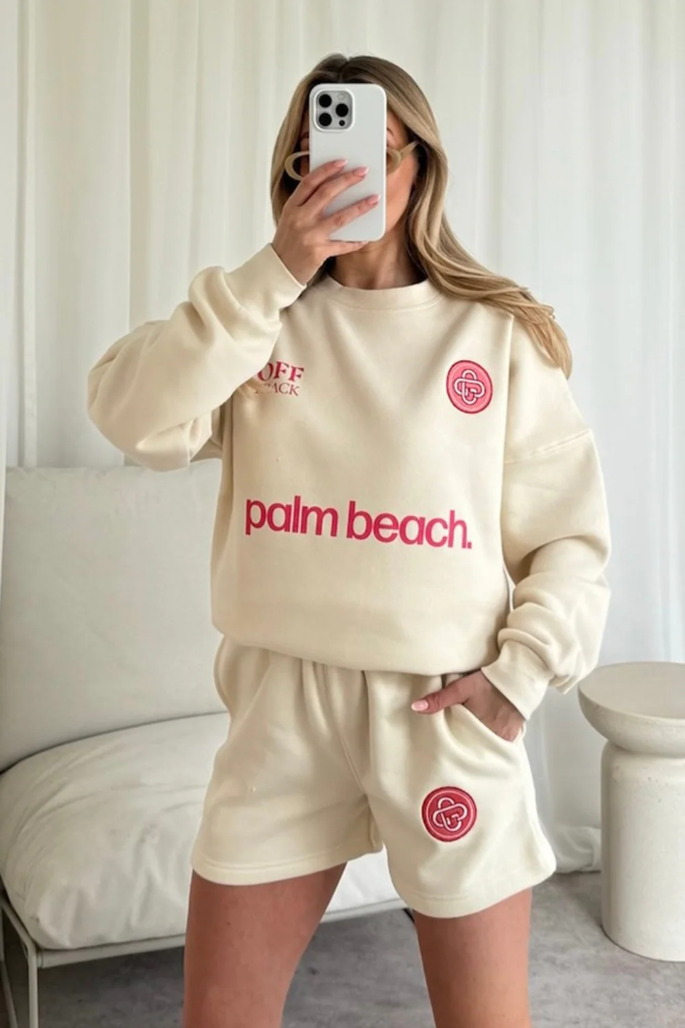 G mono embroidered palm beach pink ecru sweater shorts loungewear