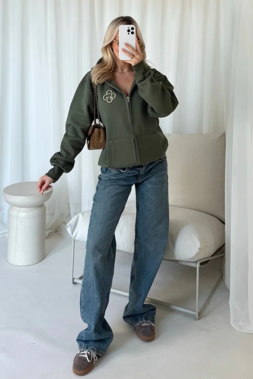 G Monogram khaki embroidered premium zip hoodie