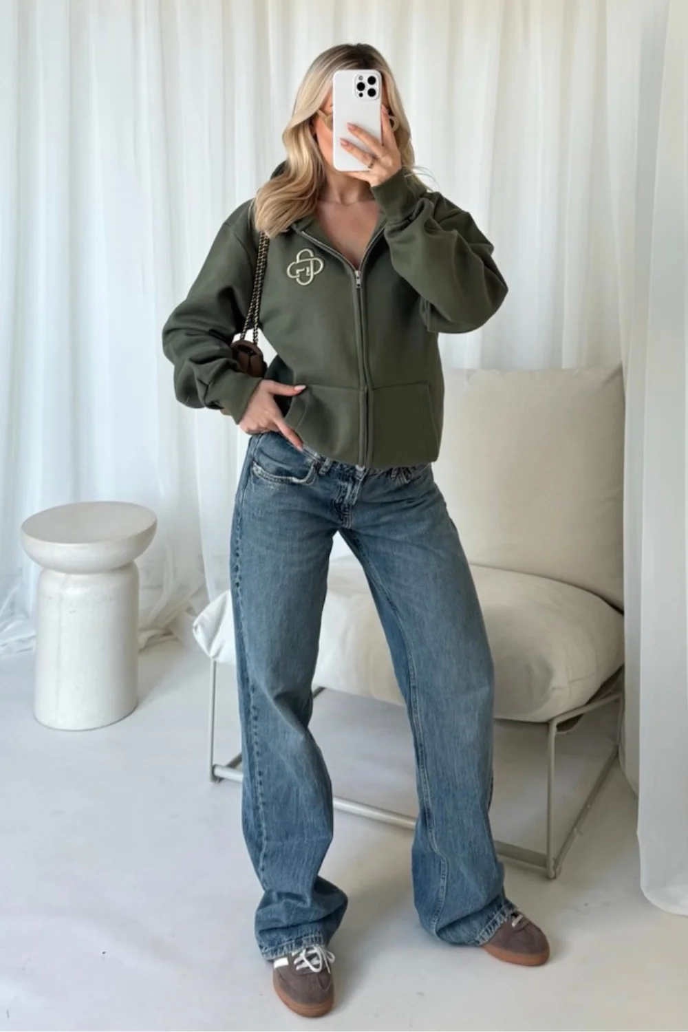 G Monogram khaki embroidered premium zip hoodie - Image 2