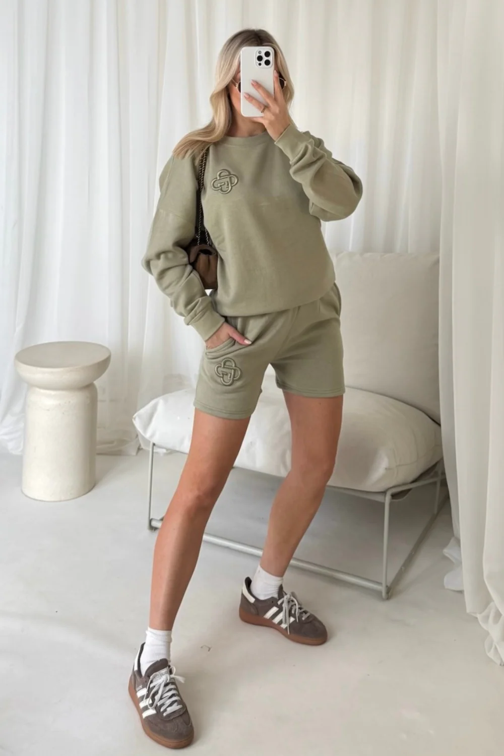 G monogram sage embroidered sweater shorts loungewear