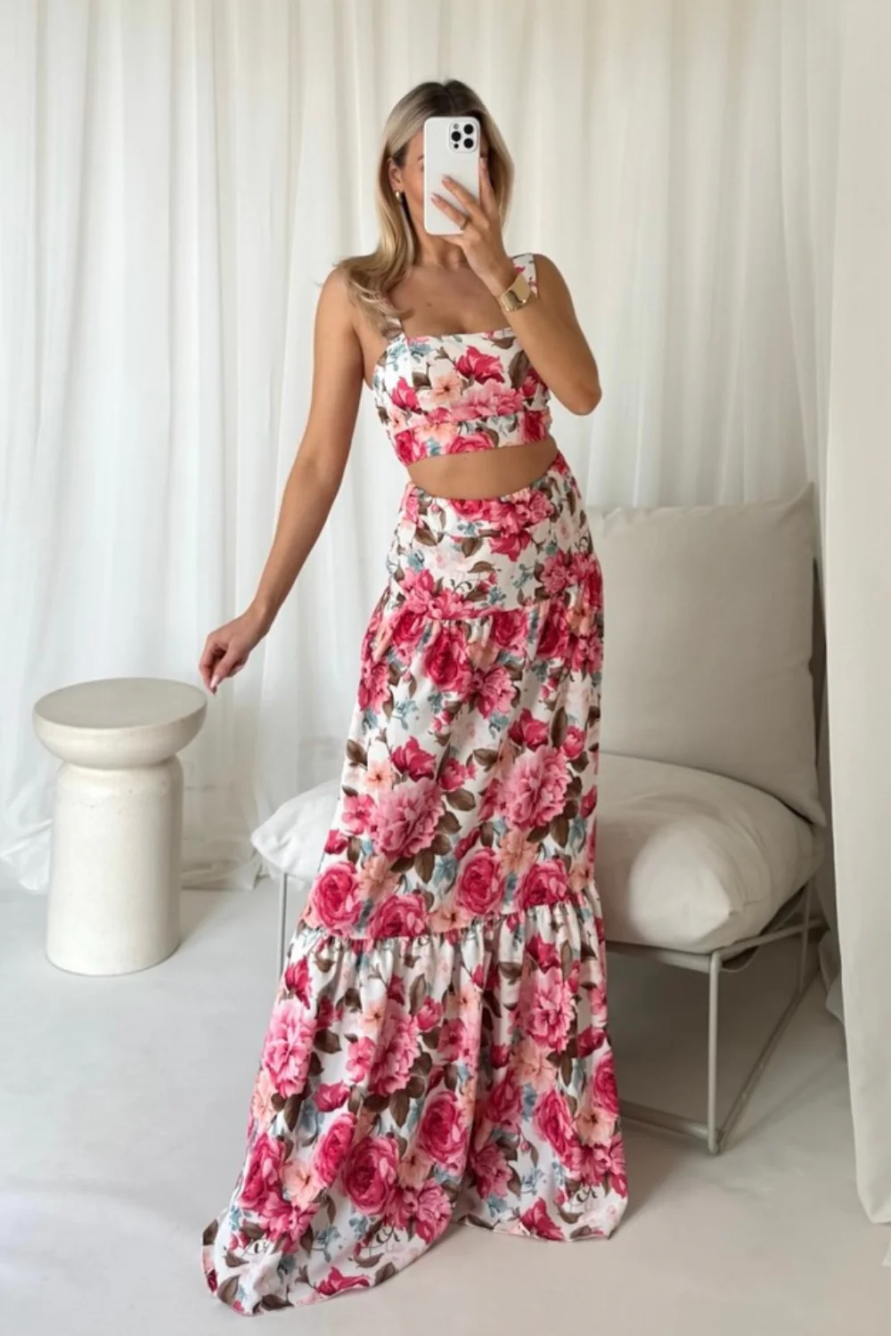 GABBI CREAM FLORAL CROP TOP MAXI SKIRT CO ORD TWO PIECE SET - Image 5