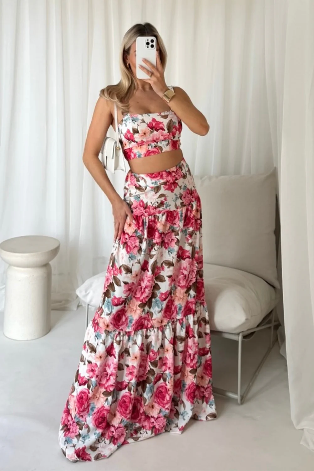 GABBI CREAM FLORAL CROP TOP MAXI SKIRT CO ORD TWO PIECE SET - Image 6