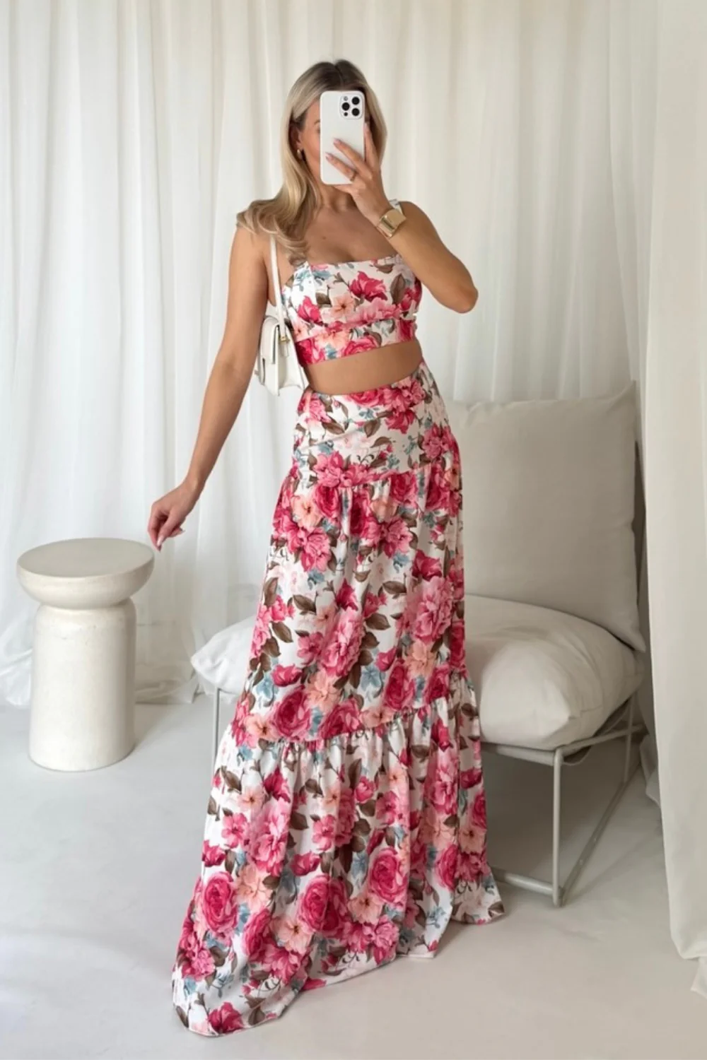 GABBI CREAM FLORAL CROP TOP MAXI SKIRT CO ORD TWO PIECE SET - Image 7