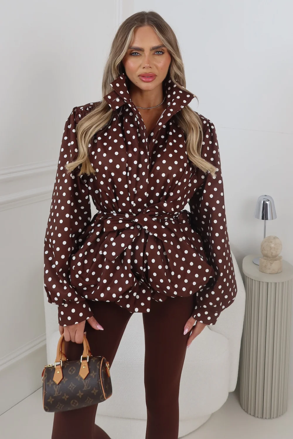 GABRIELLA CHOCOLATE POLKA DOT BELTED PUFF SLEEVE HIGH NECK JACKET