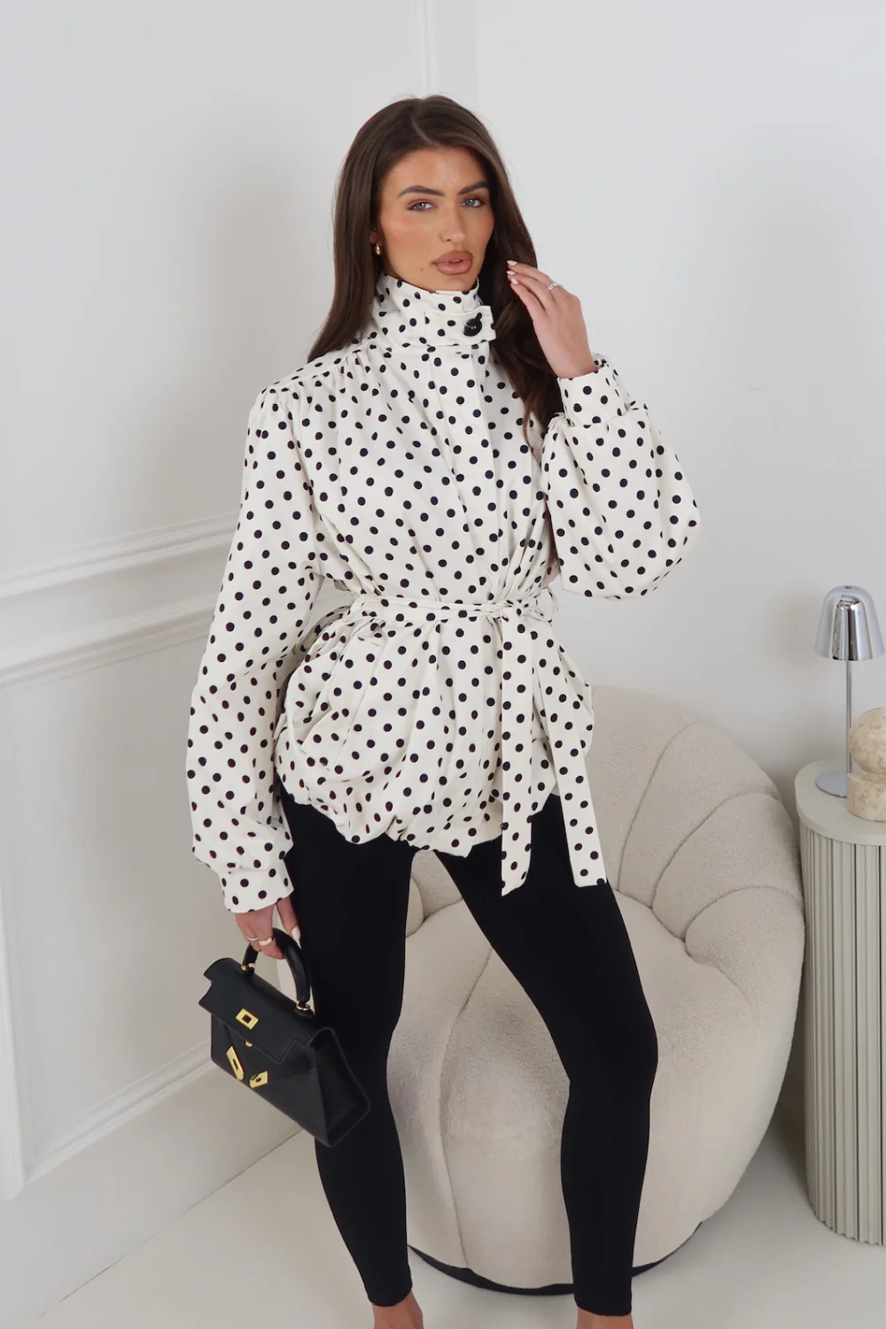 GABRIELLA CREAM POLKA DOT BELTED PUFF SLEEVE HIGH NECK JACKET