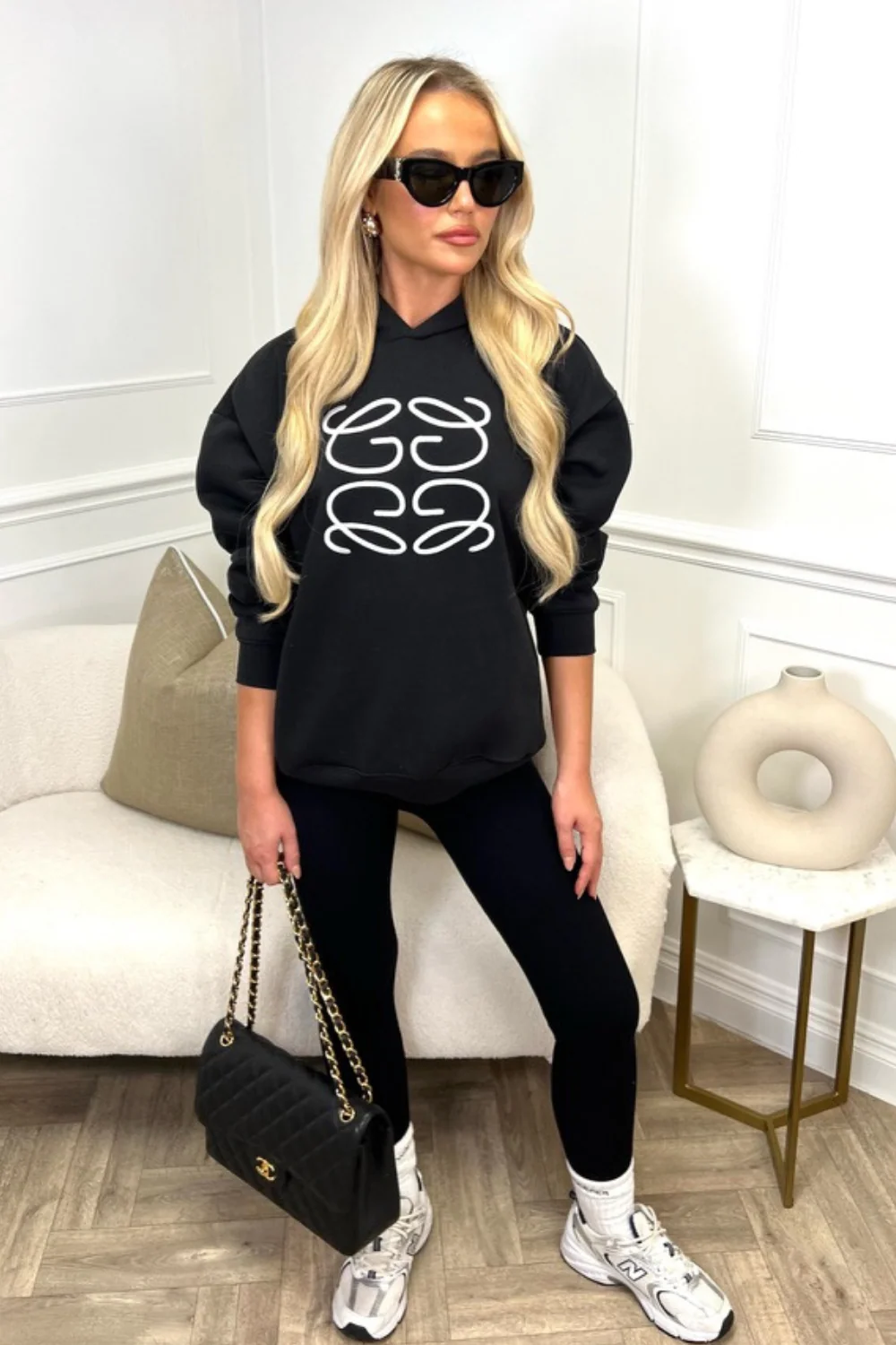 Gege black embroidered with white premium essential relaxed hoodie - Image 2
