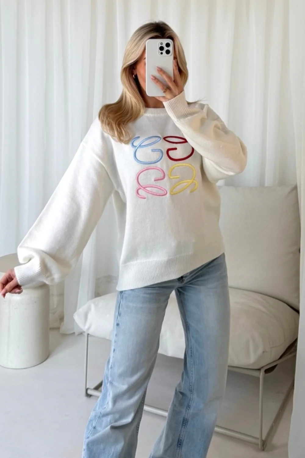 GeGe cream rainbow embroidered knit sweater - Image 2