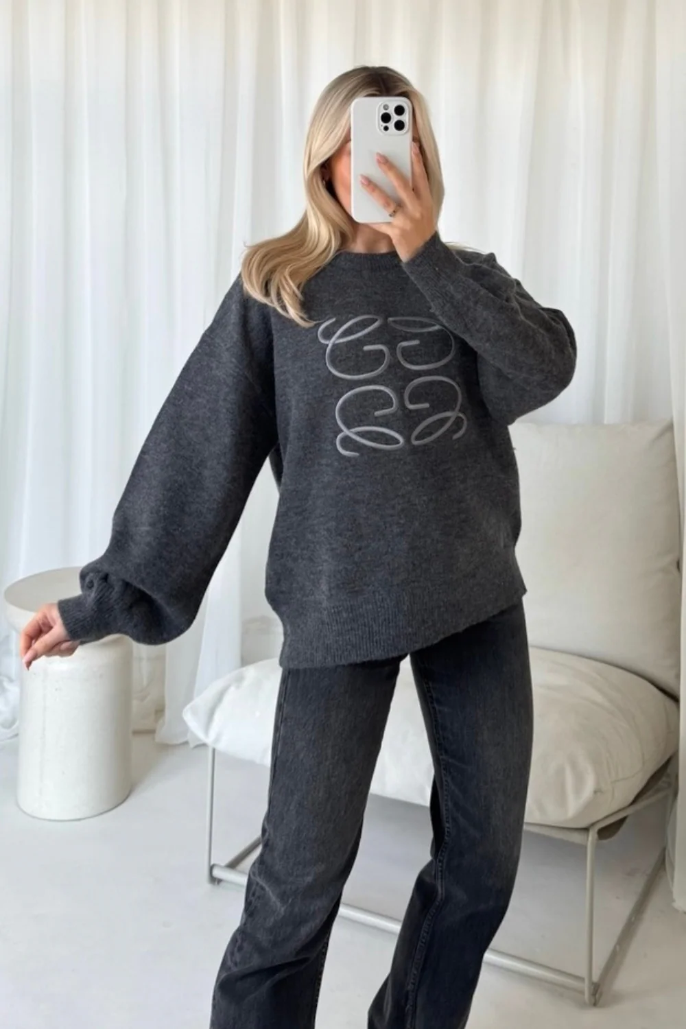 GeGe grey embroidered knit sweater - Image 3