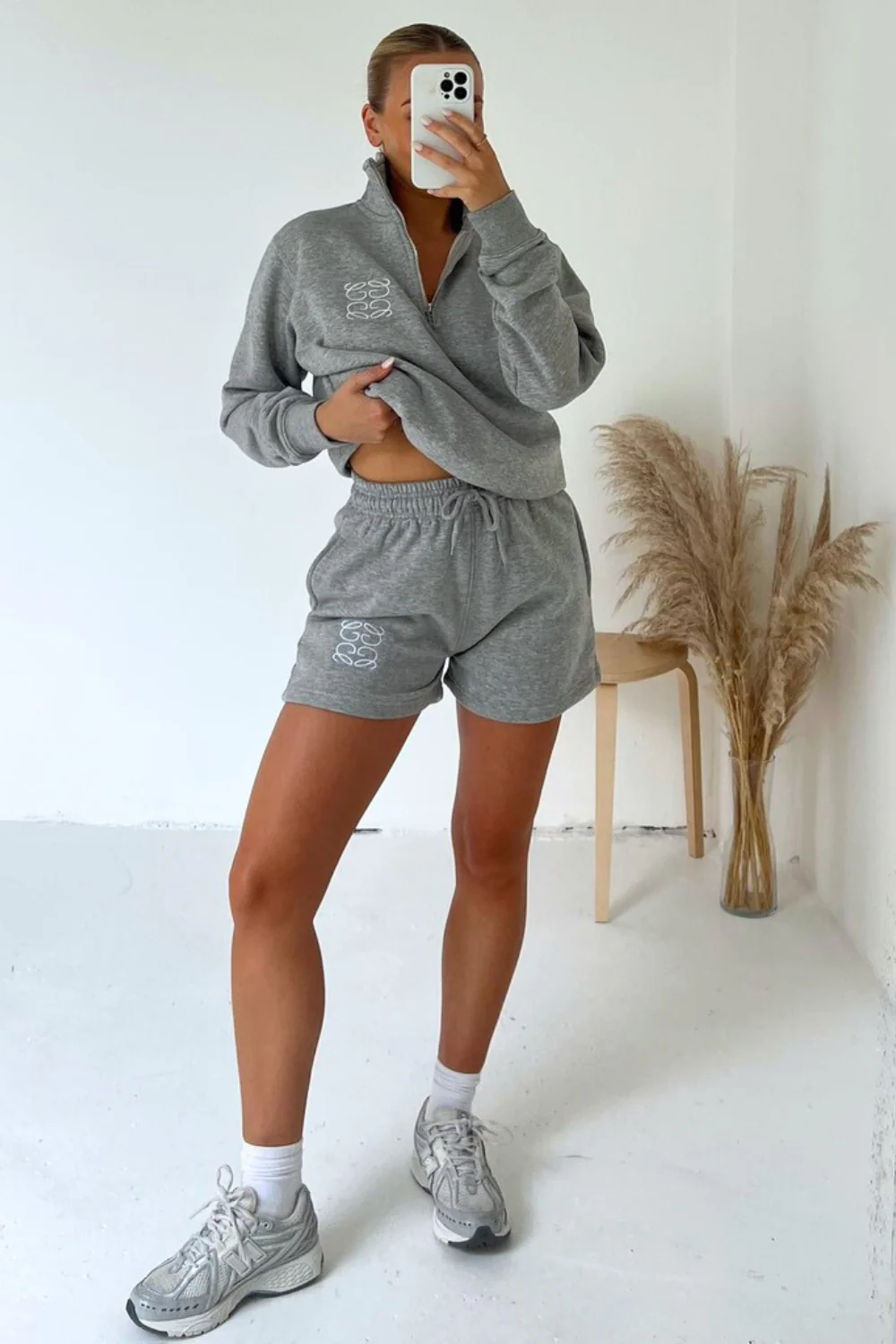 GeGe Melange Grey Embroidered Premium 3/4 Short Loungewear Set - Image 2