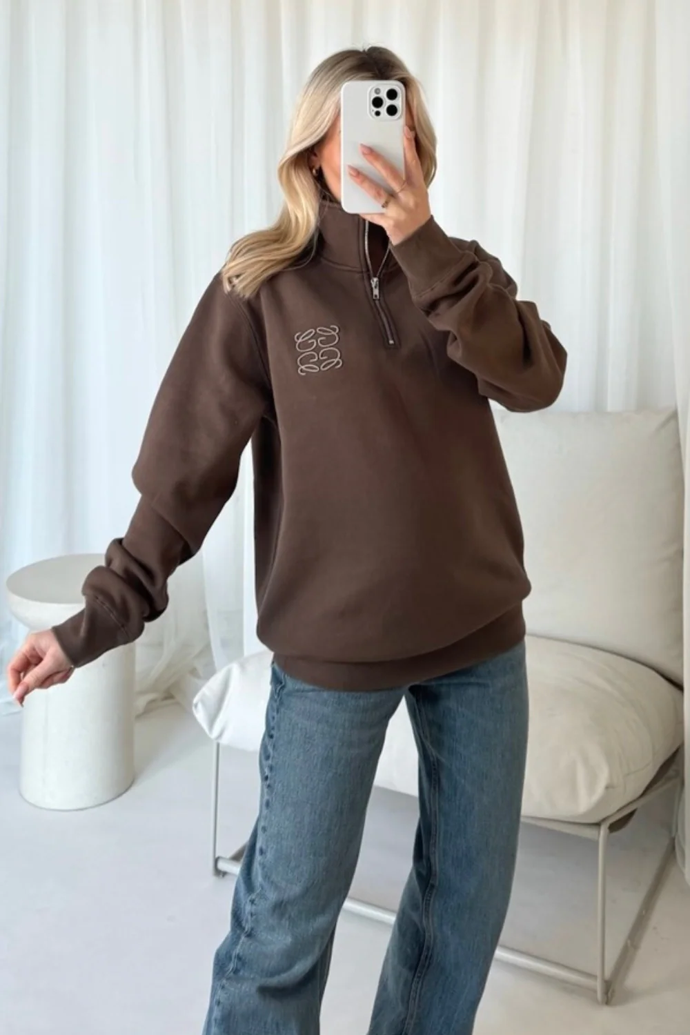 GeGe mocha embroidered 3/4 zip sweater - Image 2