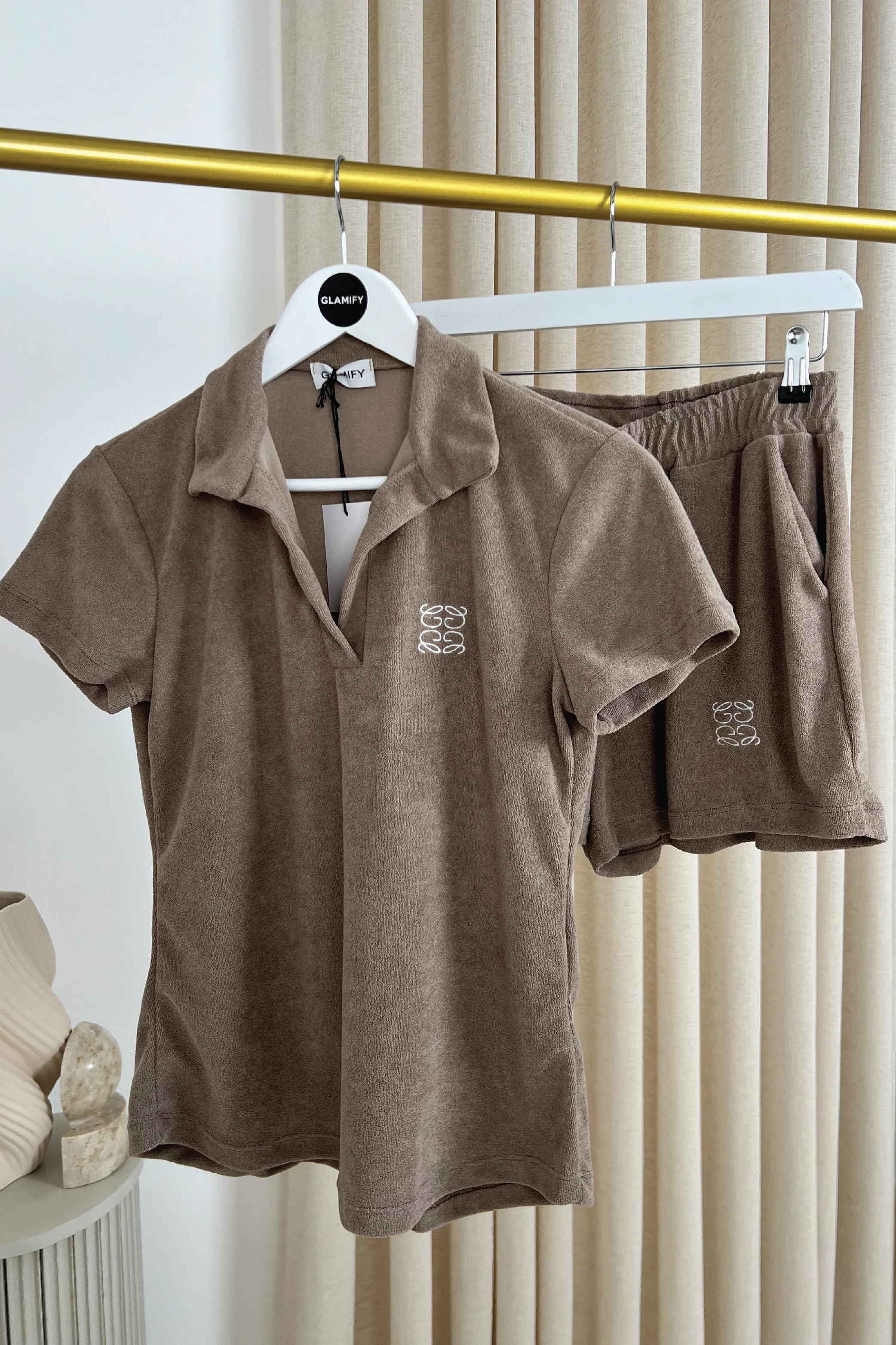 GeGe mocha embroidered towelling polo shorts co-ord - Image 2