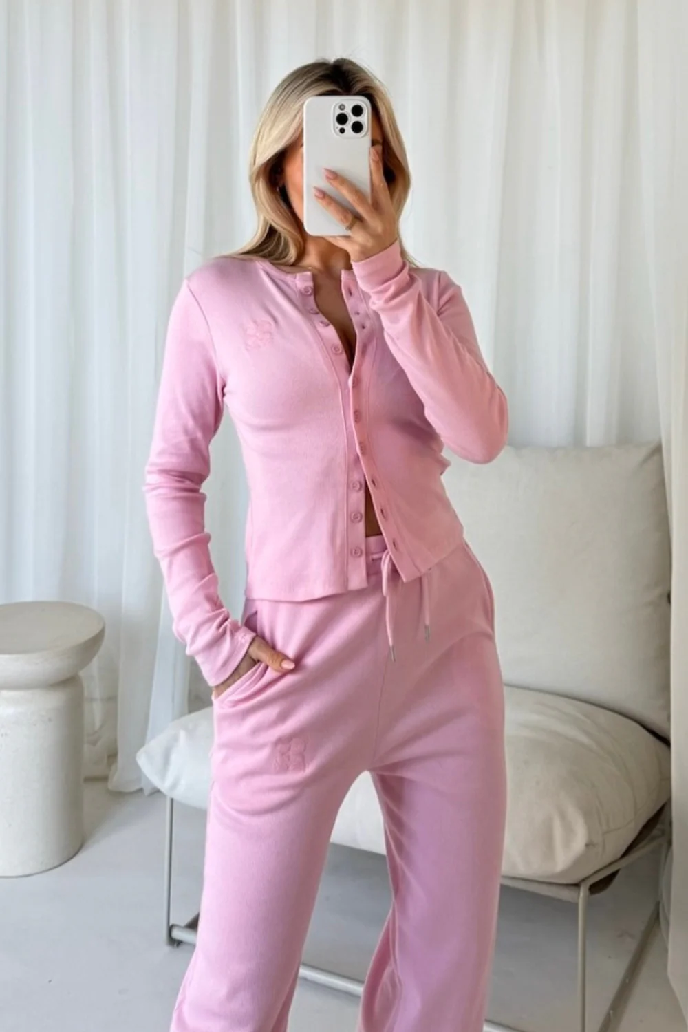 GeGe pink ribbed button through top & wide leg trousers - Image 2
