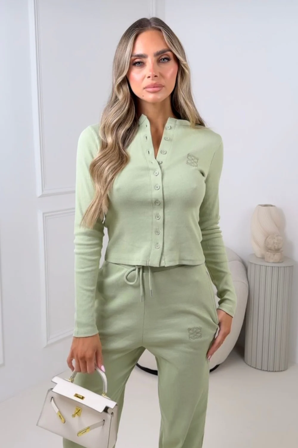 GeGe pistachio ribbed button through top & wide leg trousers